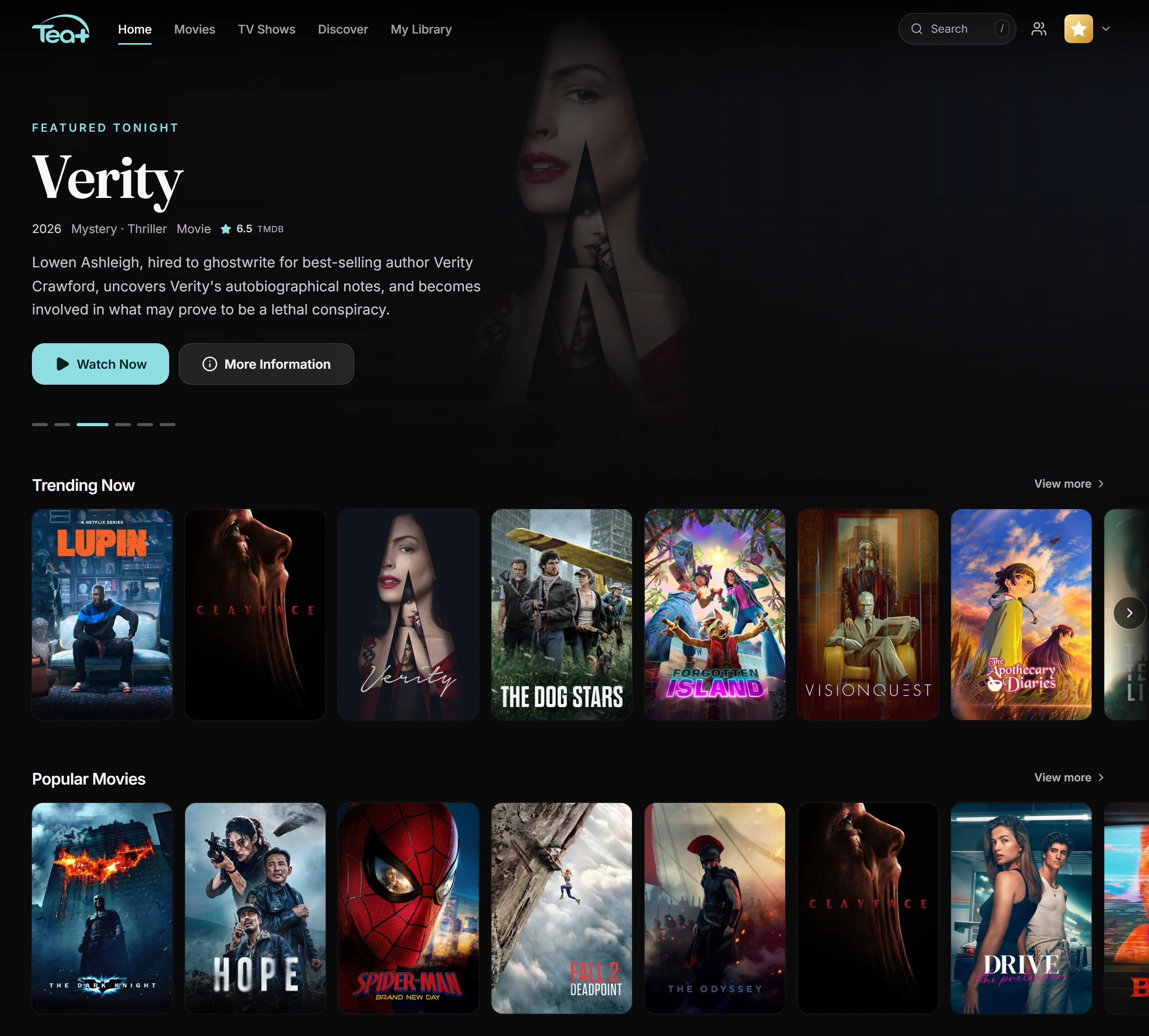 The Tea+ home screen with trending films and shows